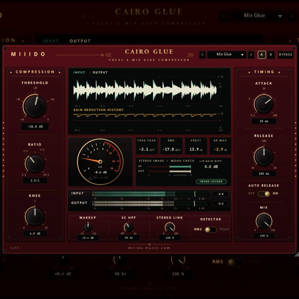 Cairo Glue free glue compressor plugin interface, with the Vocal Seat preset