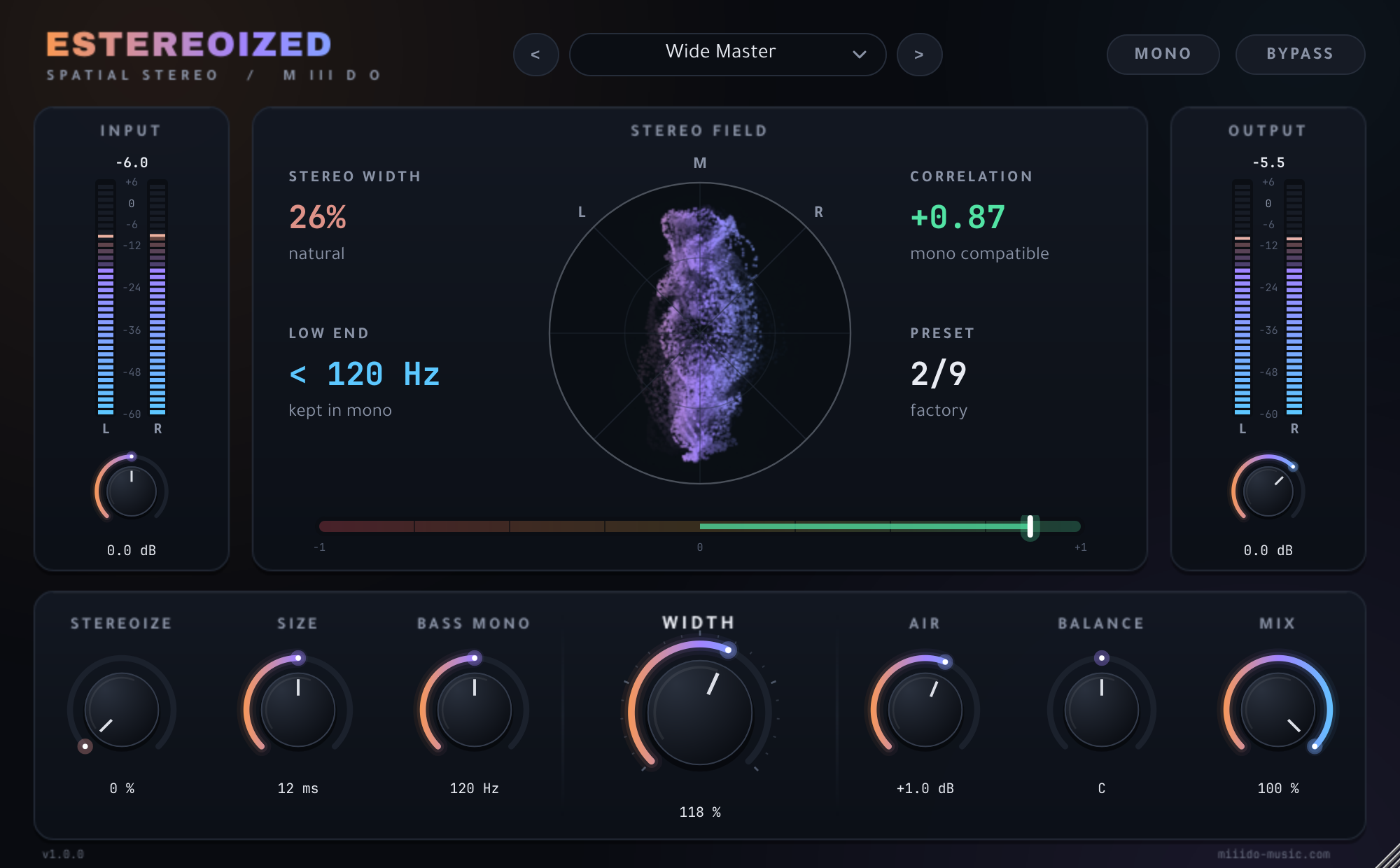 ESTEREOIZED stereo widener, Wide Master preset: vectorscope, 26% width and +0.87 correlation