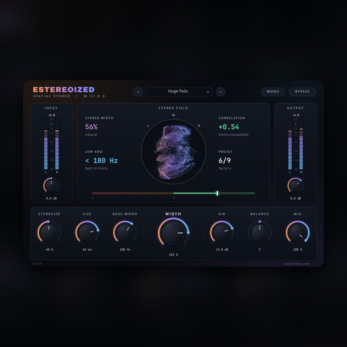 ESTEREOIZED plug-in interface with a vectorscope, correlation meter and large width knob