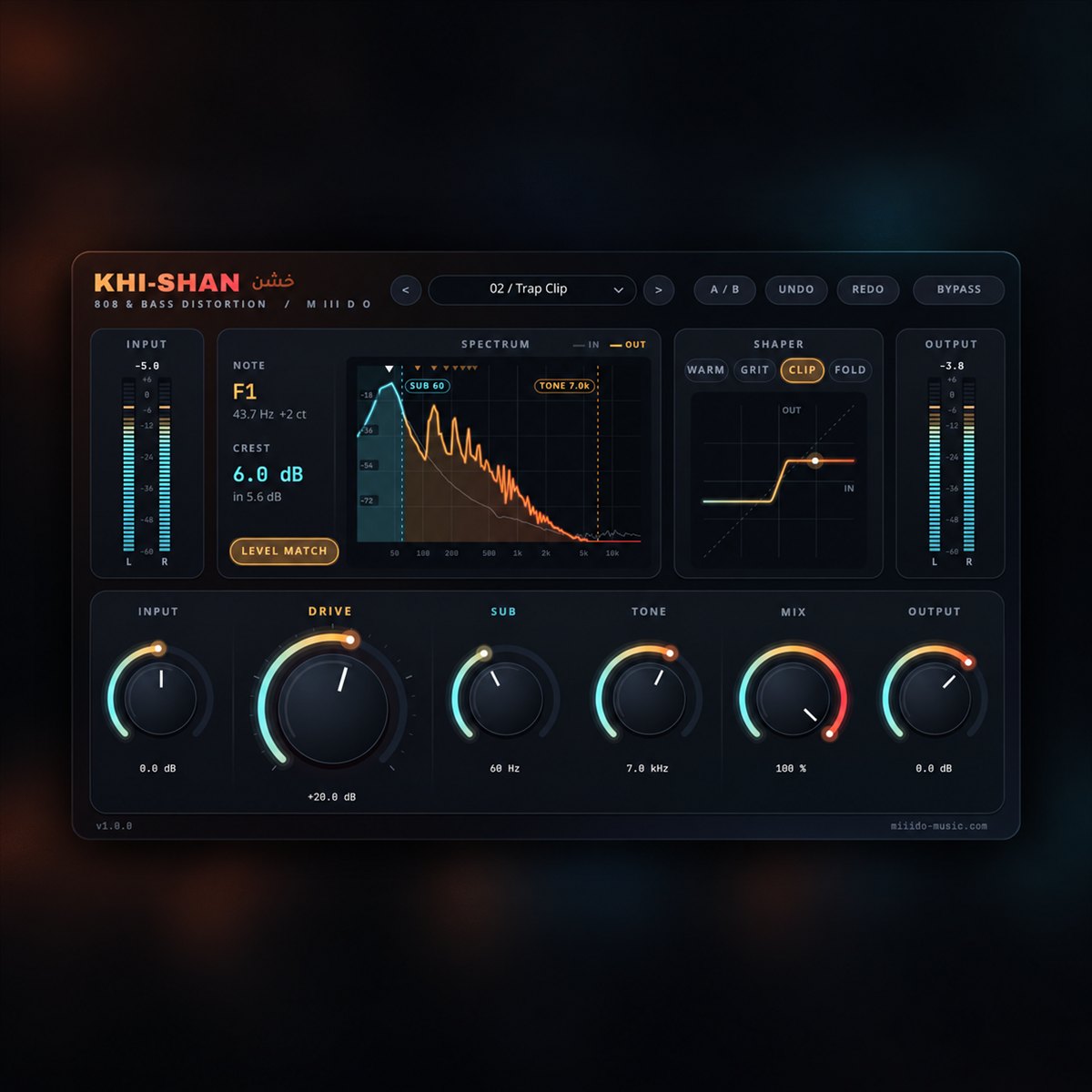 Khi-Shan free 808 distortion plugin interface, with the Trap Clip preset