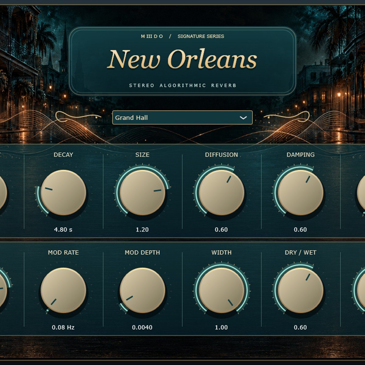 New Orleans free reverb plugin interface with the Grand Hall preset