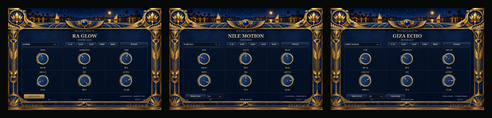 NILE FX free plugin bundle: RA GLOW, NILE MOTION and GIZA ECHO side by side