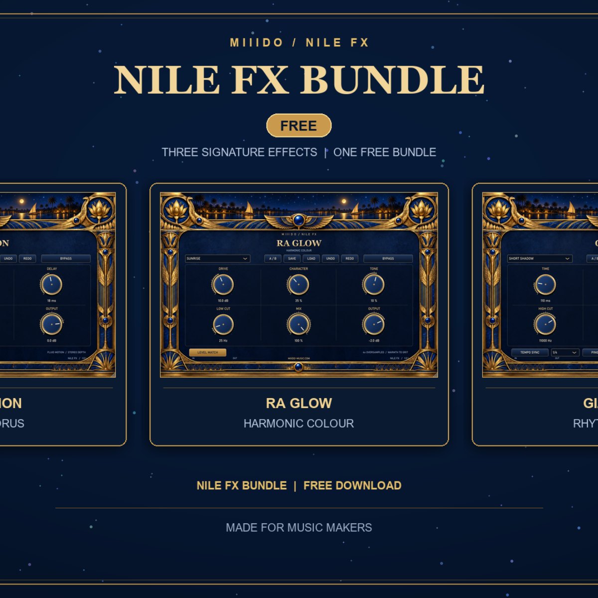 NILE FX free plugin bundle cover: RA GLOW, NILE MOTION and GIZA ECHO