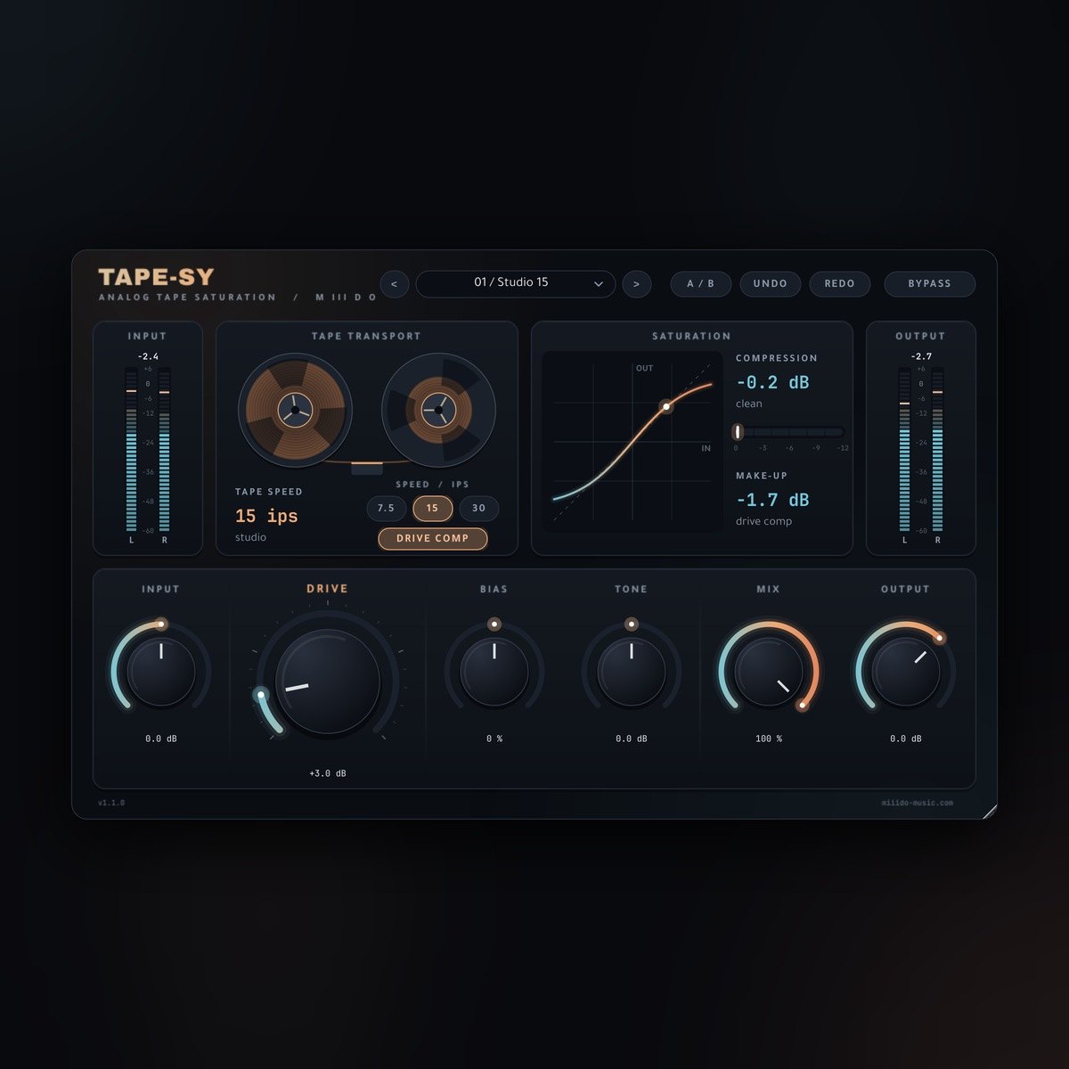 Tape-Sy free tape saturation plugin interface, with the Studio 15 preset